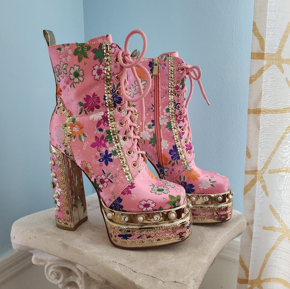 Rare Azalea Wang Satin Embroidered Crystal Chunky Boots